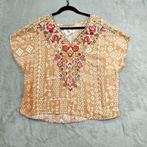 SAVANNA JANE Top Womens M Collarless Embroidered‎ Western Aztec Blouse Boxy Boho
